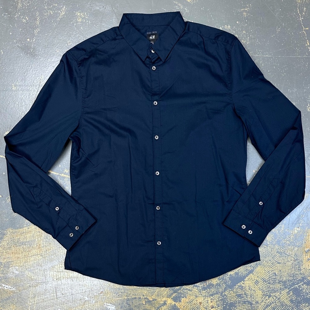 H&M Easy Iron Button Down Shirt XL Navy Blue Dress Date Night